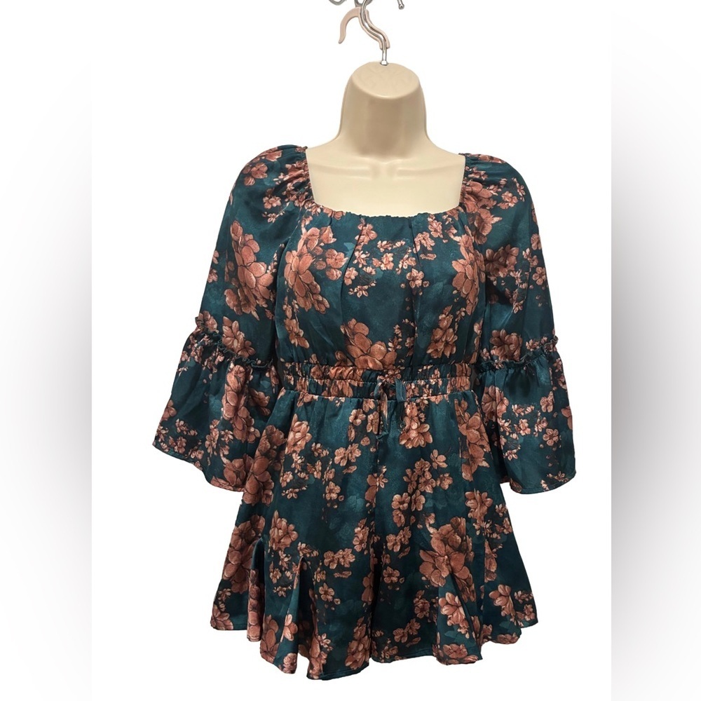 Teal Floral romper with  Rose Print